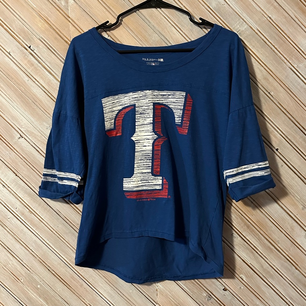 Texas Rangers MLB Cuffed Baseball Shirt 5th & Ocean Shoulder Logo Cotton Tee